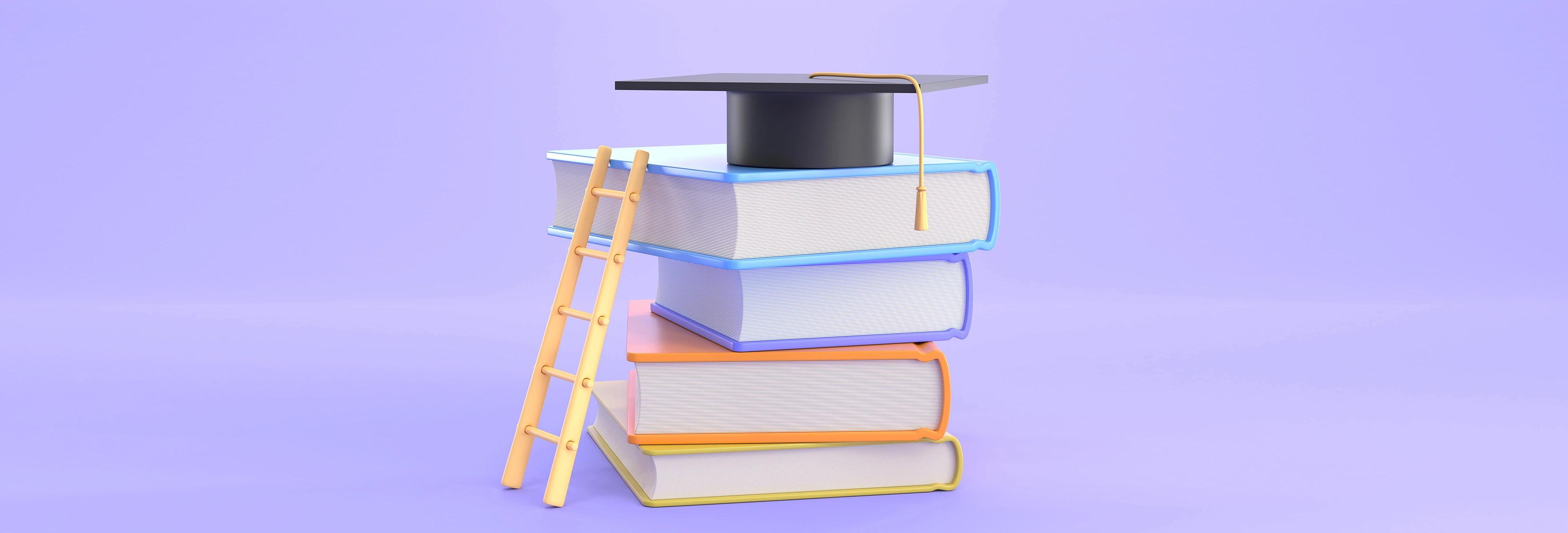 book pile, graduation hat, ladder