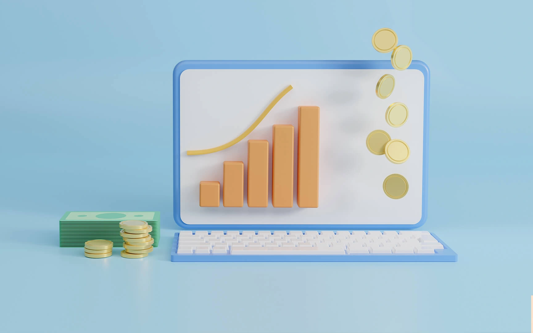 money, coins, and graph on laptop