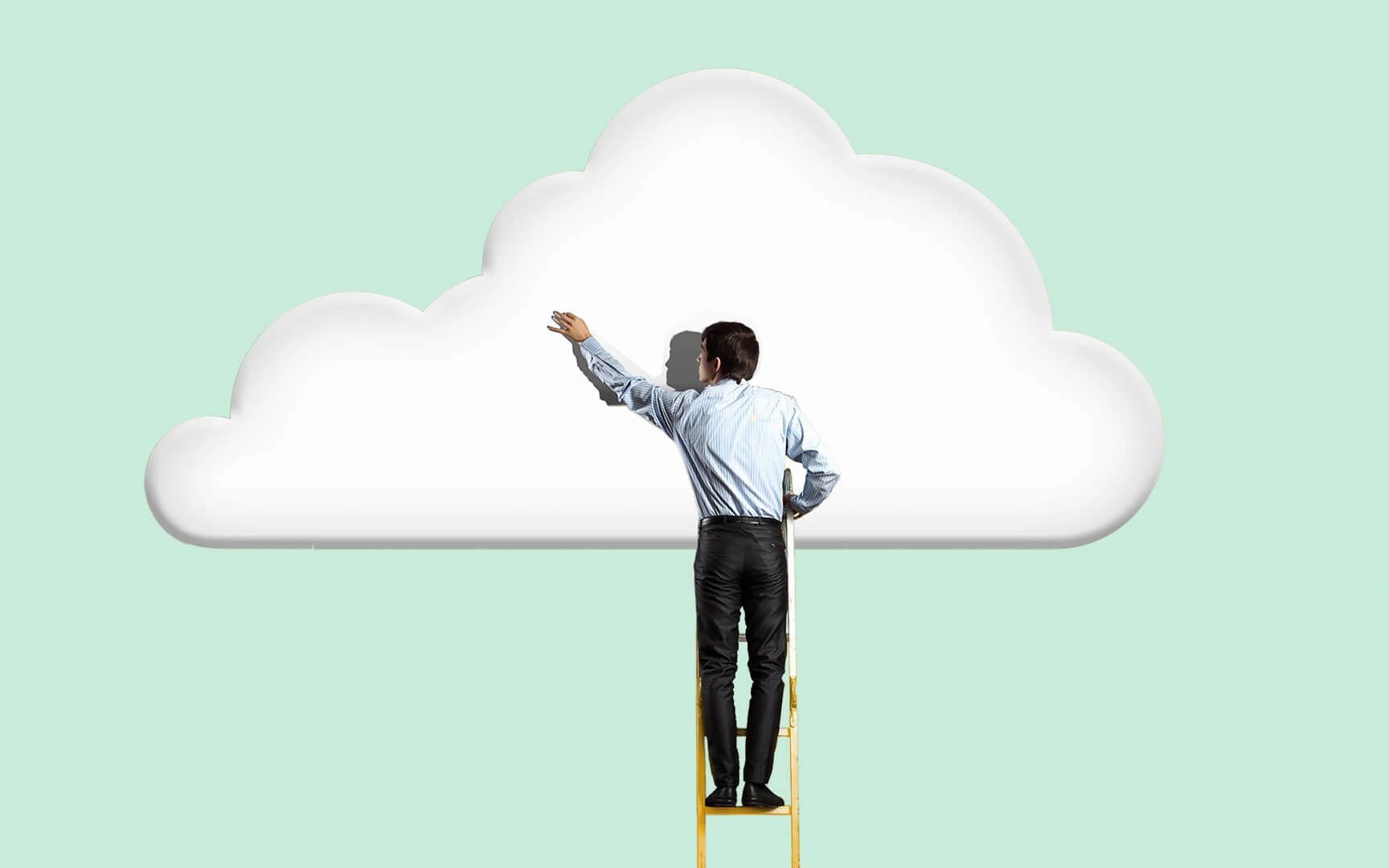 men using stairs to climb to white cloud