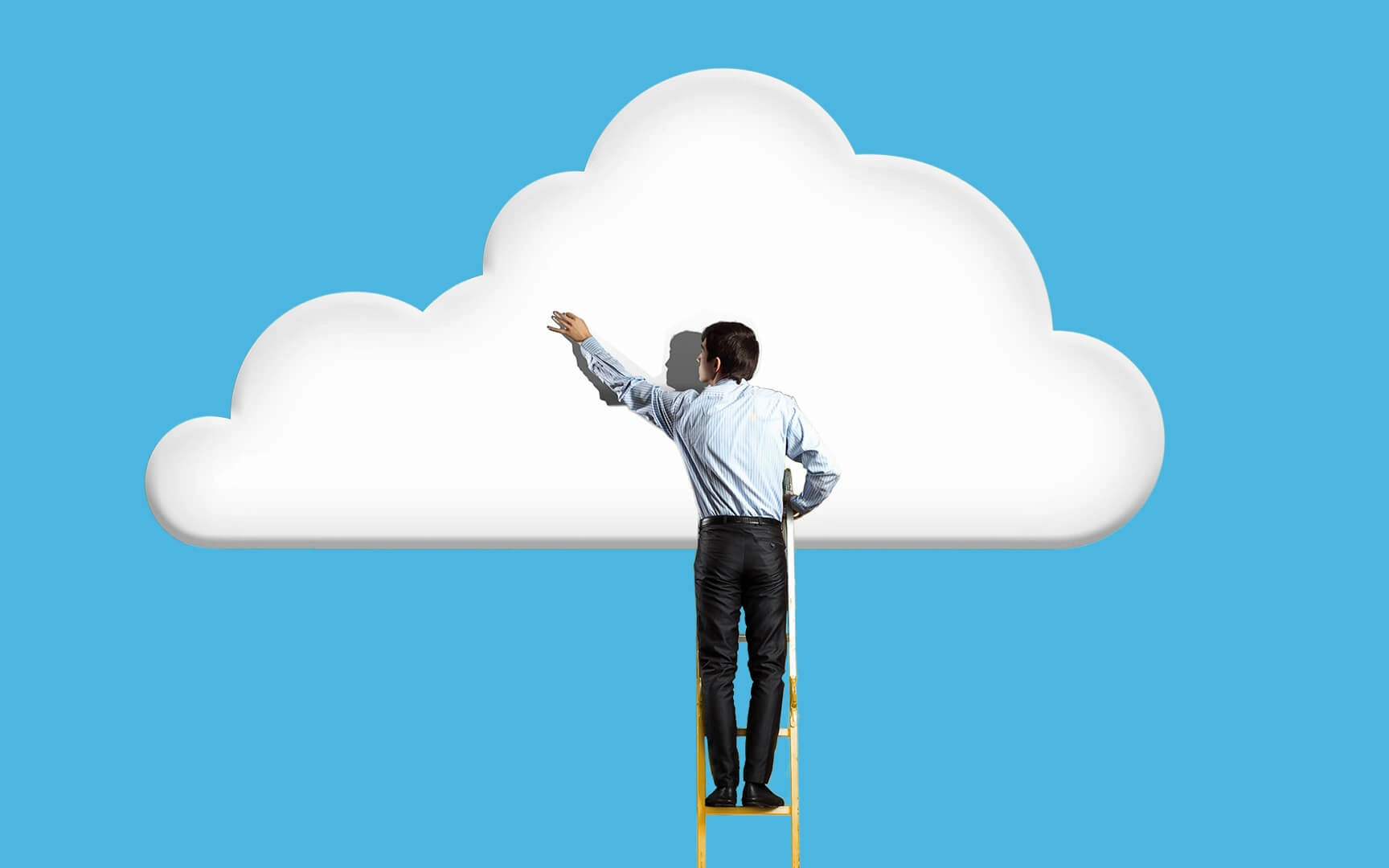 A man in a blue shirt stands on a yellow ladder, reaching towards a white cloud on a blue background.