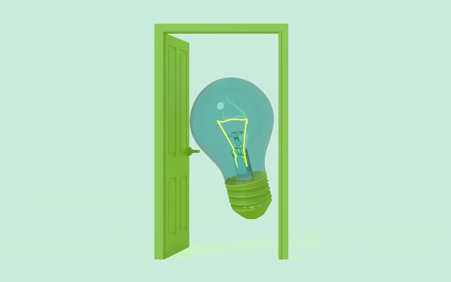 A large light bulb centered in an open doorway, set against a soft green background.