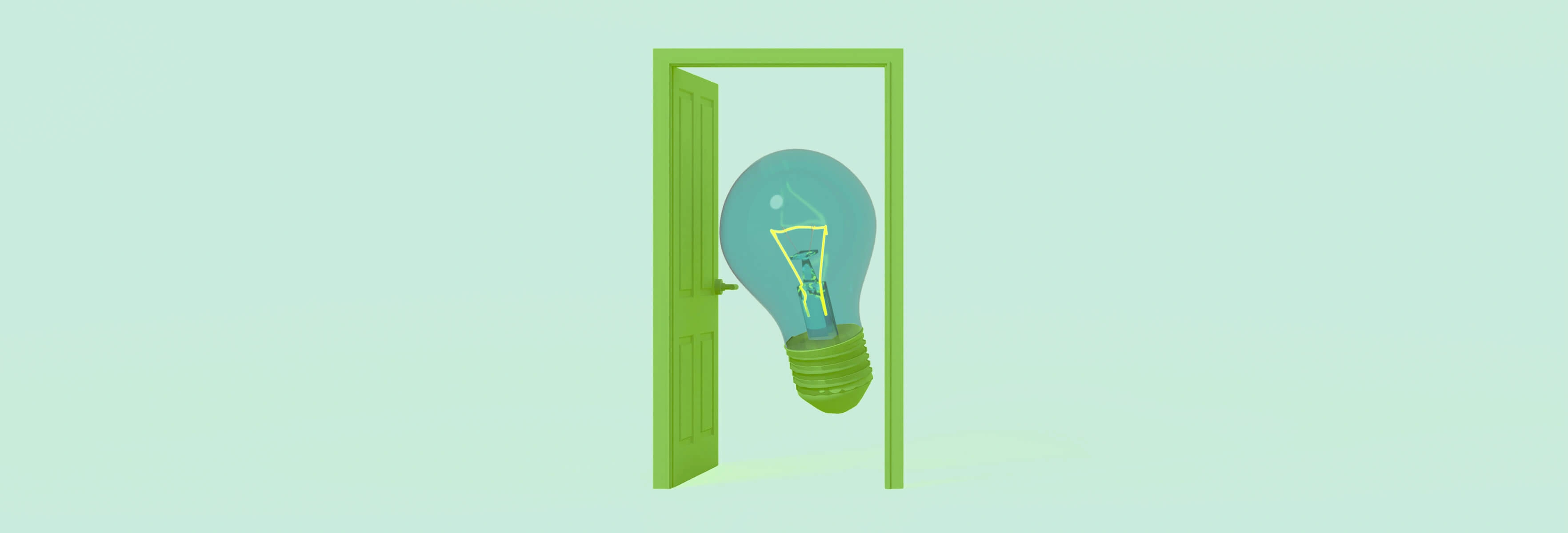 A large light bulb centered in an open doorway, set against a soft green background.