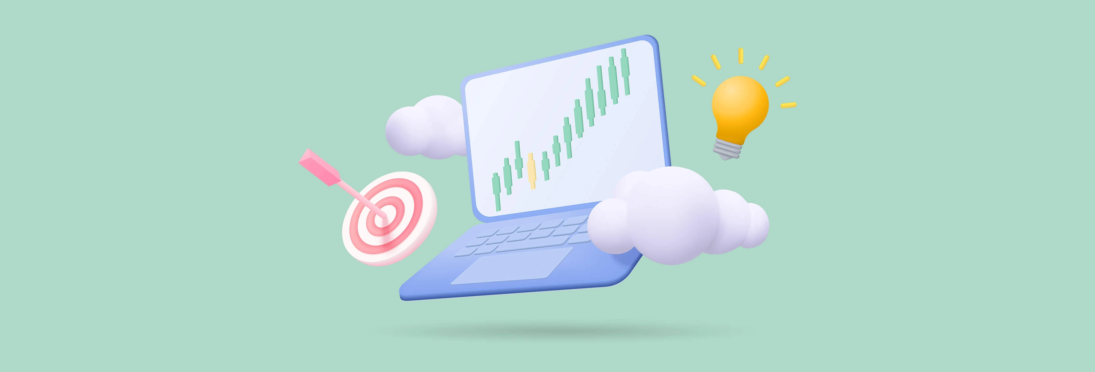 A graphic featuring a laptop with a bar chart on the screen, surrounded by clouds, with a lightbulb and a dartboard with an arrow hitting the bullseye nearby, all against a pastel green background.
