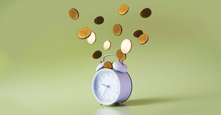 Coins floating above a classic alarm clock against a soft green background.