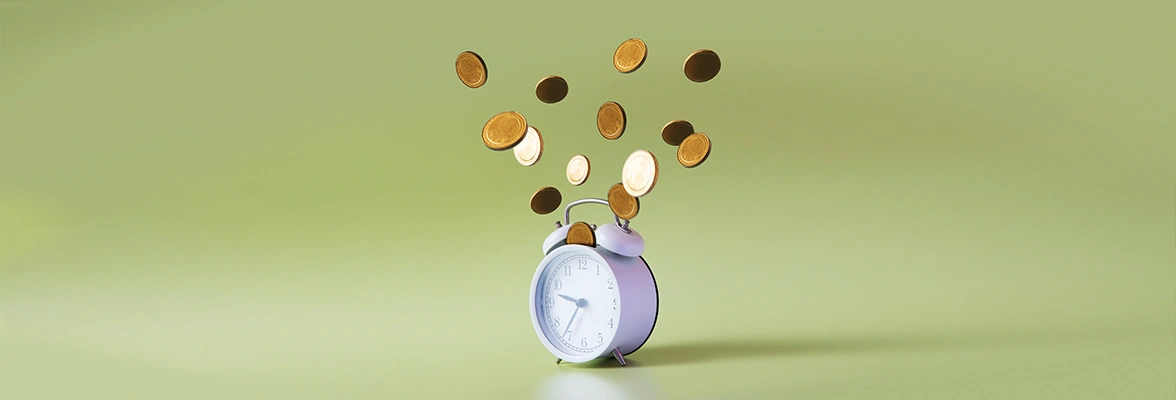 Coins floating above a classic alarm clock against a soft green background.
