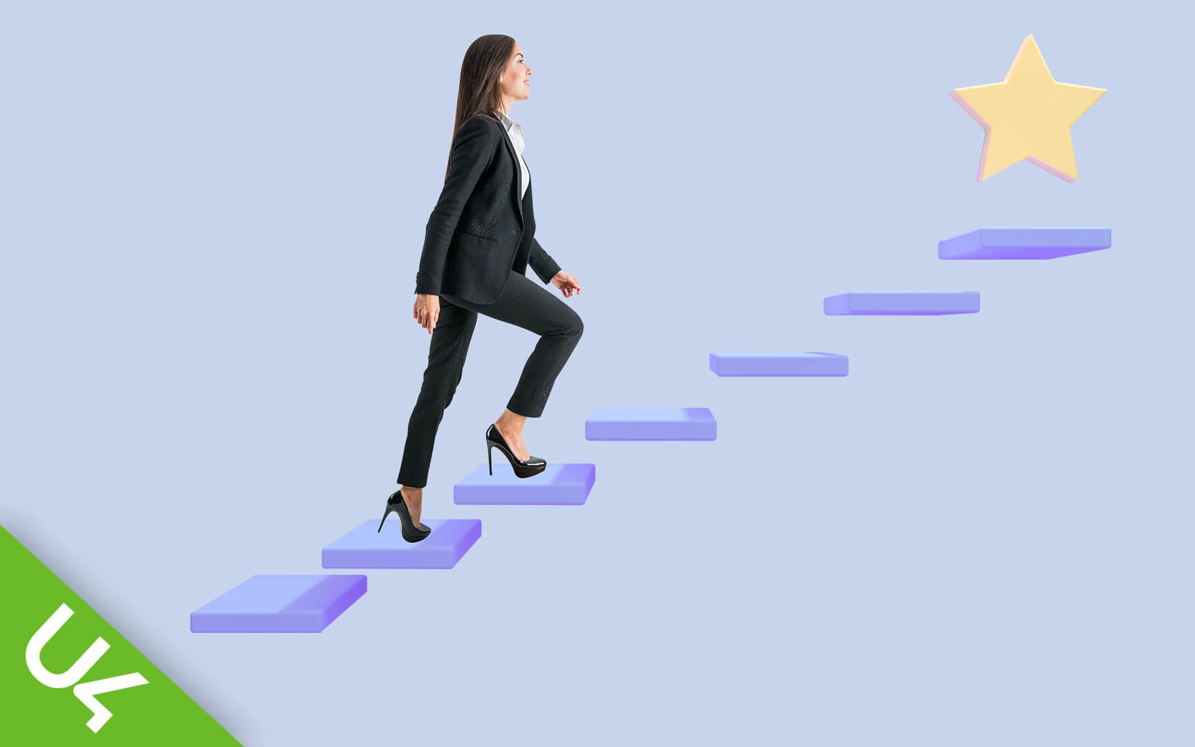 Woman ascending a floating flight of stairs towards a star