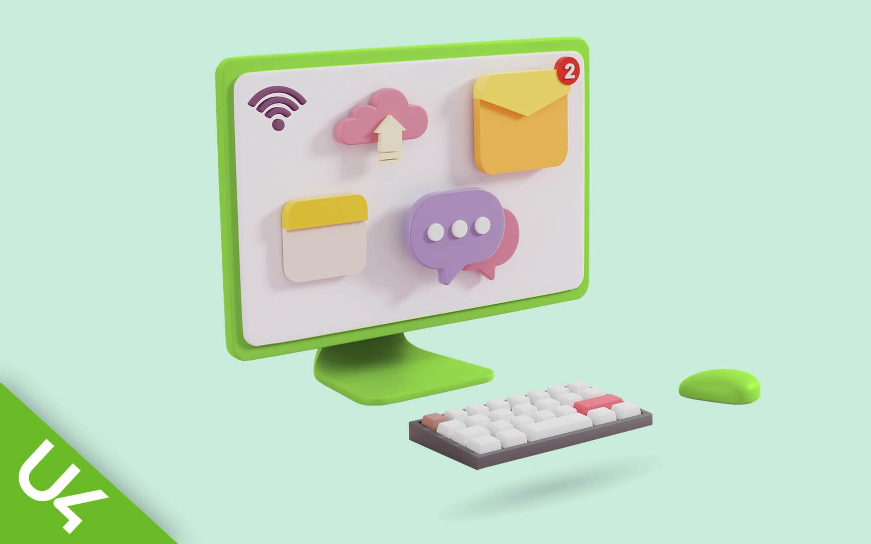 3D image of a computer with different icons on the screen
