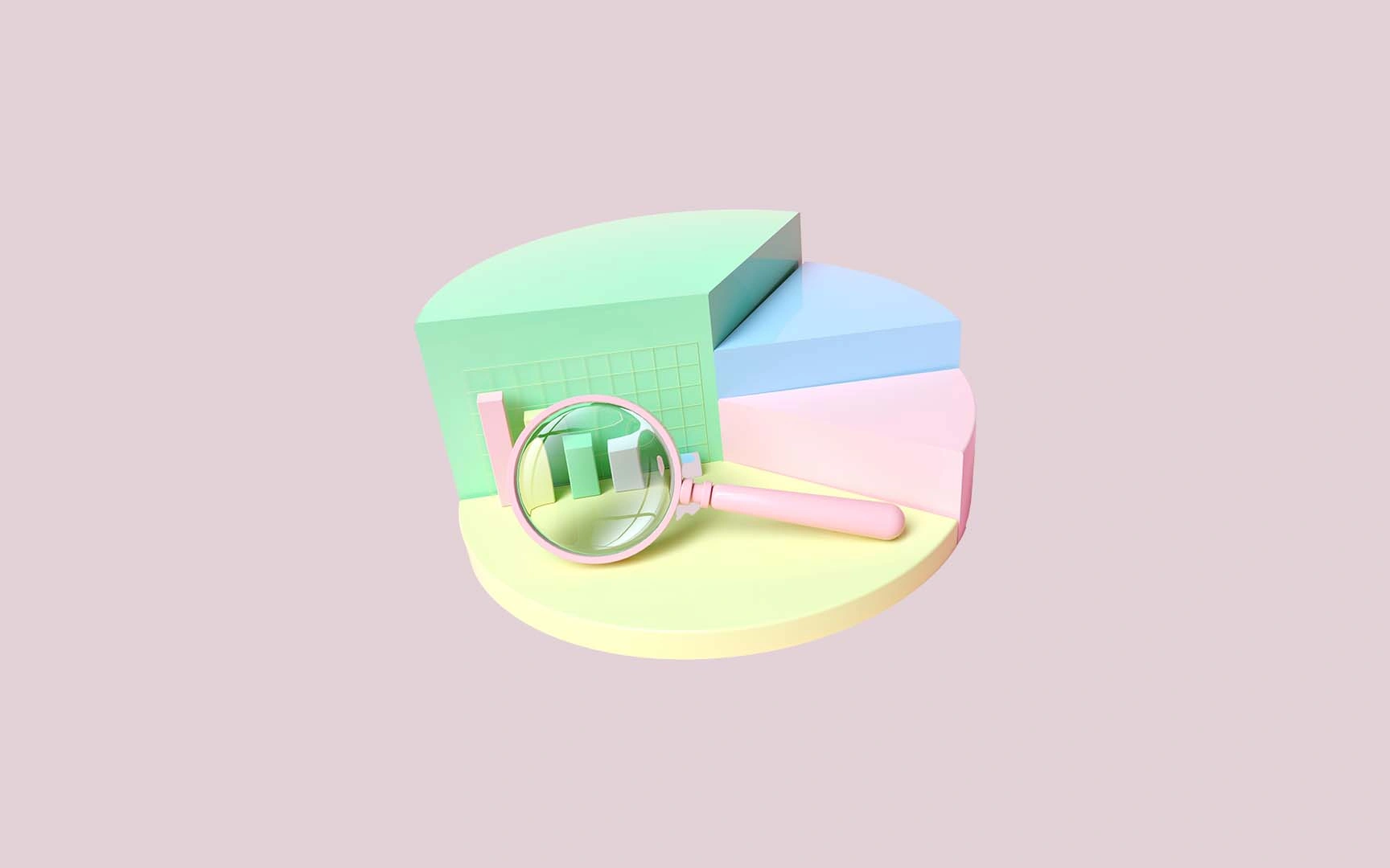 3D image of a pie chart with a magnifying glass