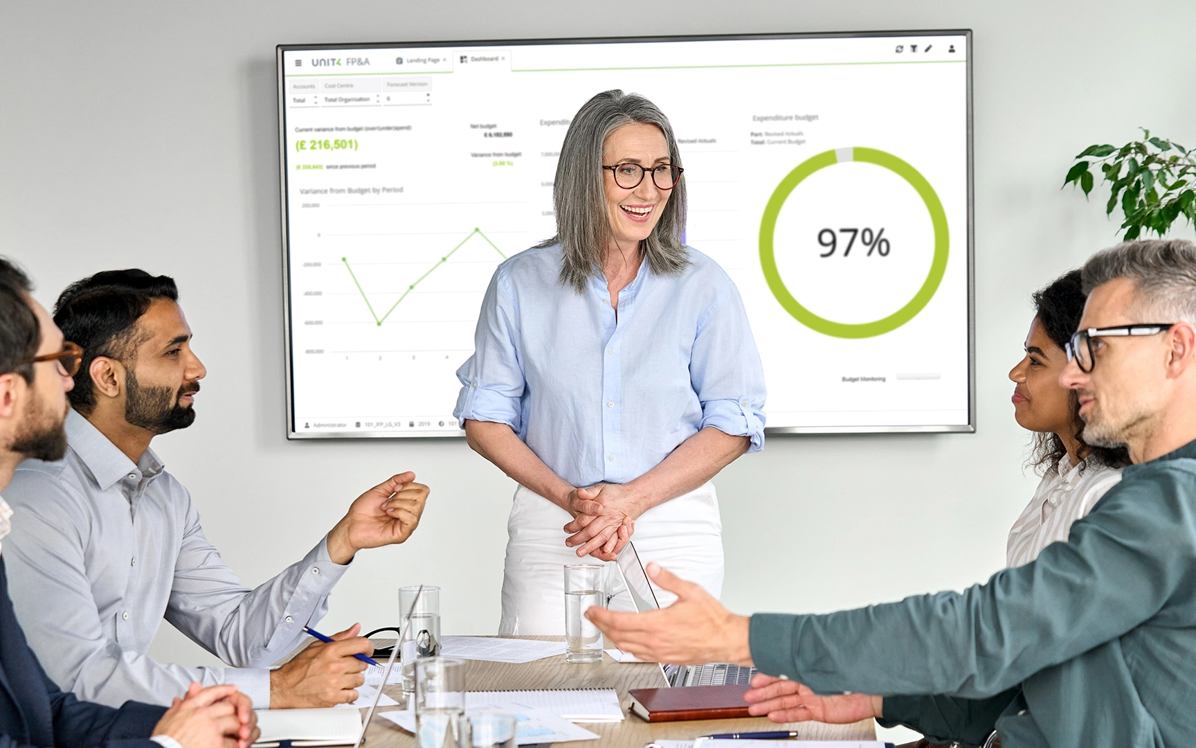 Smiling woman talking to people around a table. Behind her a screen with Unit4 FPA