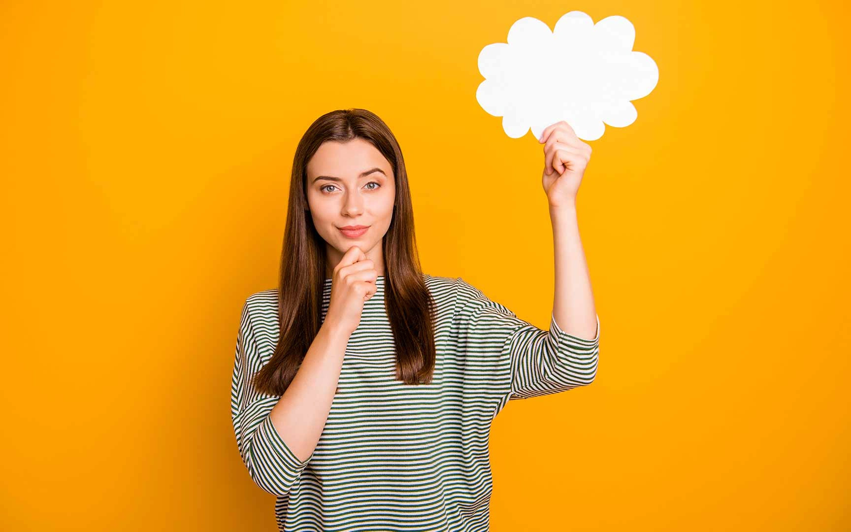 Woman holding a card board cloud